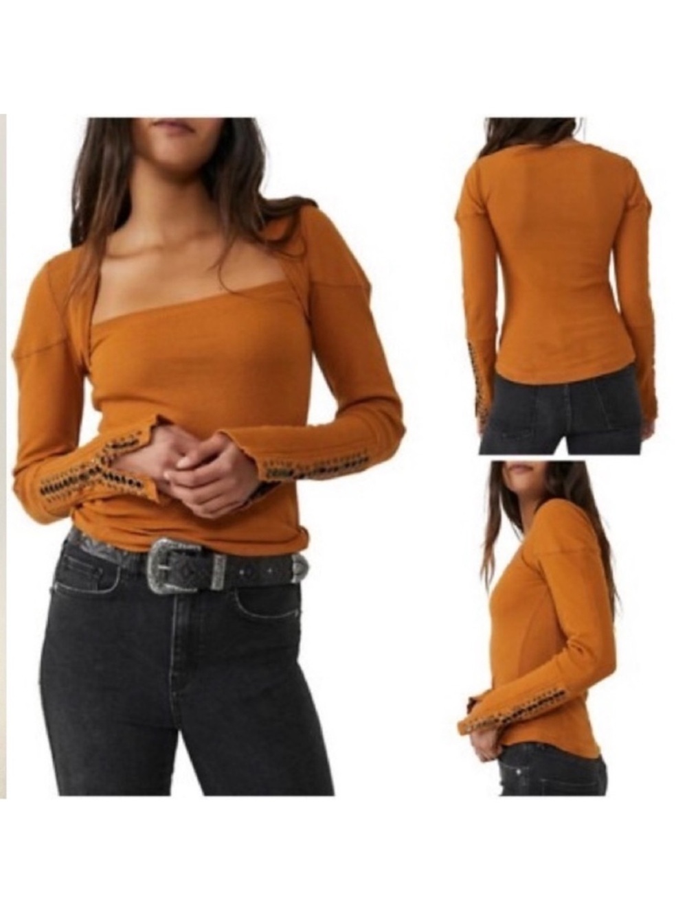Free People A Little Unruly Longsleeve Thermal Top Rust Orange Eyelet Medium New - Picture 6 of 12
